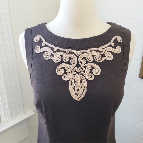 ANN TAYLOR ~ Linen-Blend Brown Sheath Dress with Detailed Trim at Neckline ~Sz 4 - Picture 2 of 3